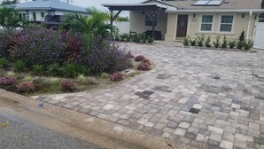 A residential driveway with a paved area, surrounded by various plants and a house with a blue roof.
