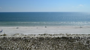 A beach with a clear view of the ocean, sandy shore, and sparse vegetation in the foreground. - Beautiful Renovated Gulf Front Condo! (Gulf Shores)