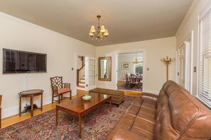 TV, fireplace, books