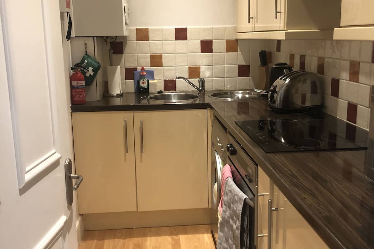 fridge, microwave, oven, electric kettle