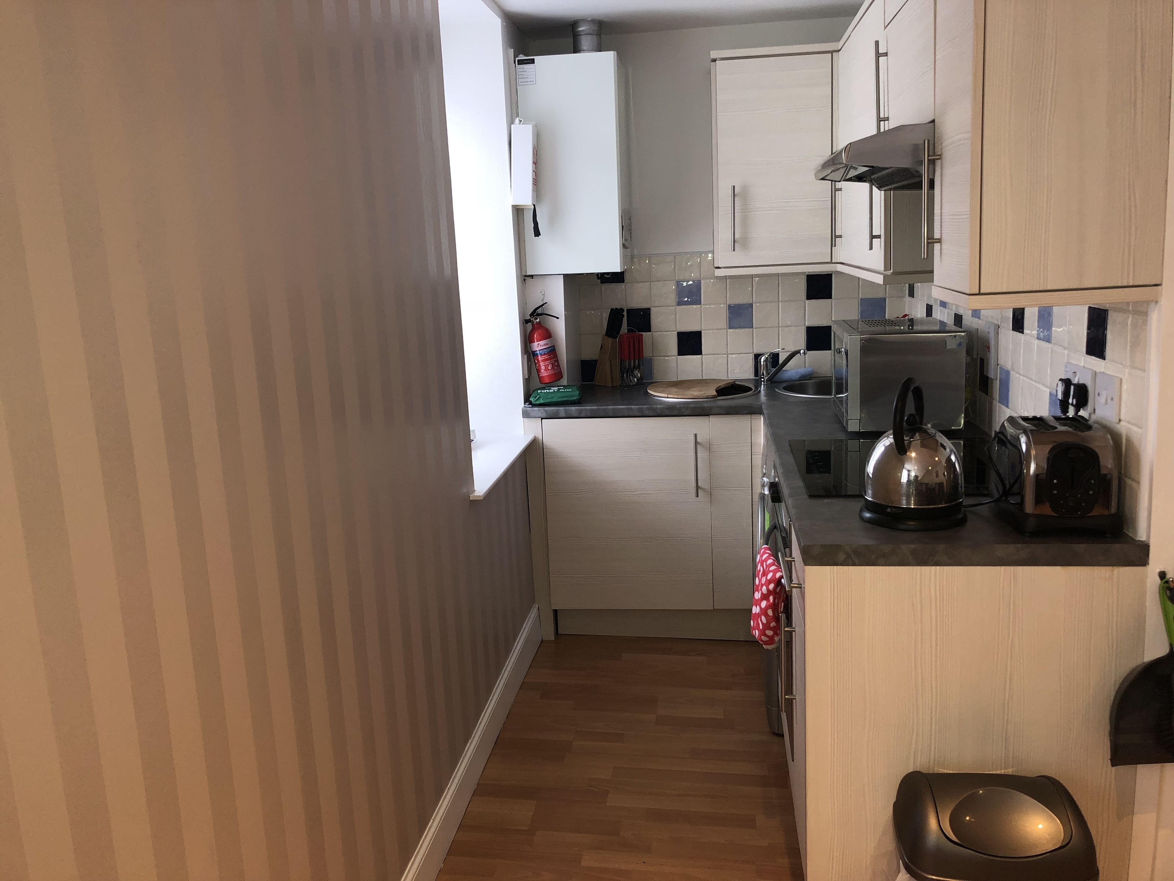 fridge, microwave, oven, electric kettle