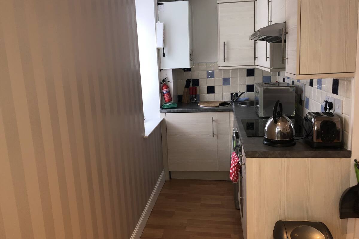 fridge, microwave, oven, electric kettle