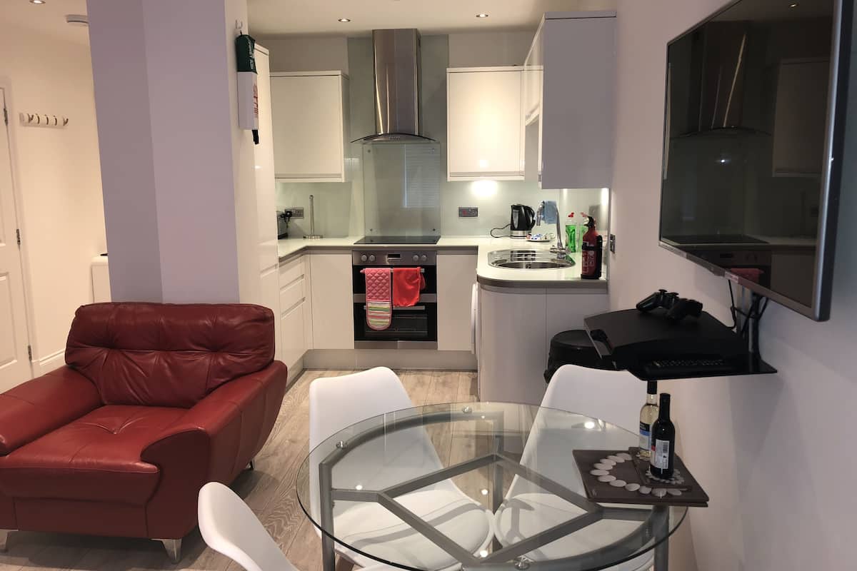 fridge, microwave, oven, electric kettle