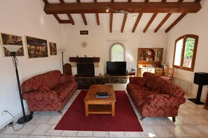 Televisio, takka, DVD-soitin, kirjoja