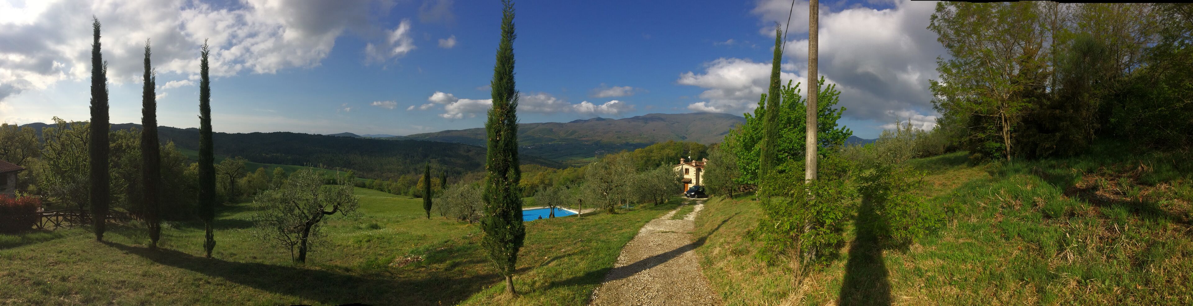 A rural landscape with a gravel path leading to a house with a pool.