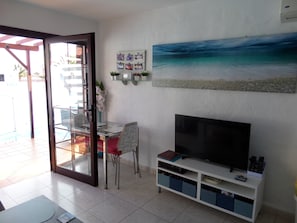 Televisión, reproductor de DVD, libros y videoteca 