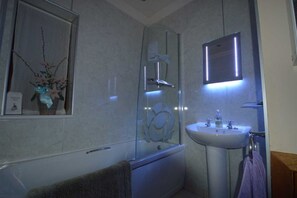 Combined shower/bathtub, hair dryer, towels, soap
