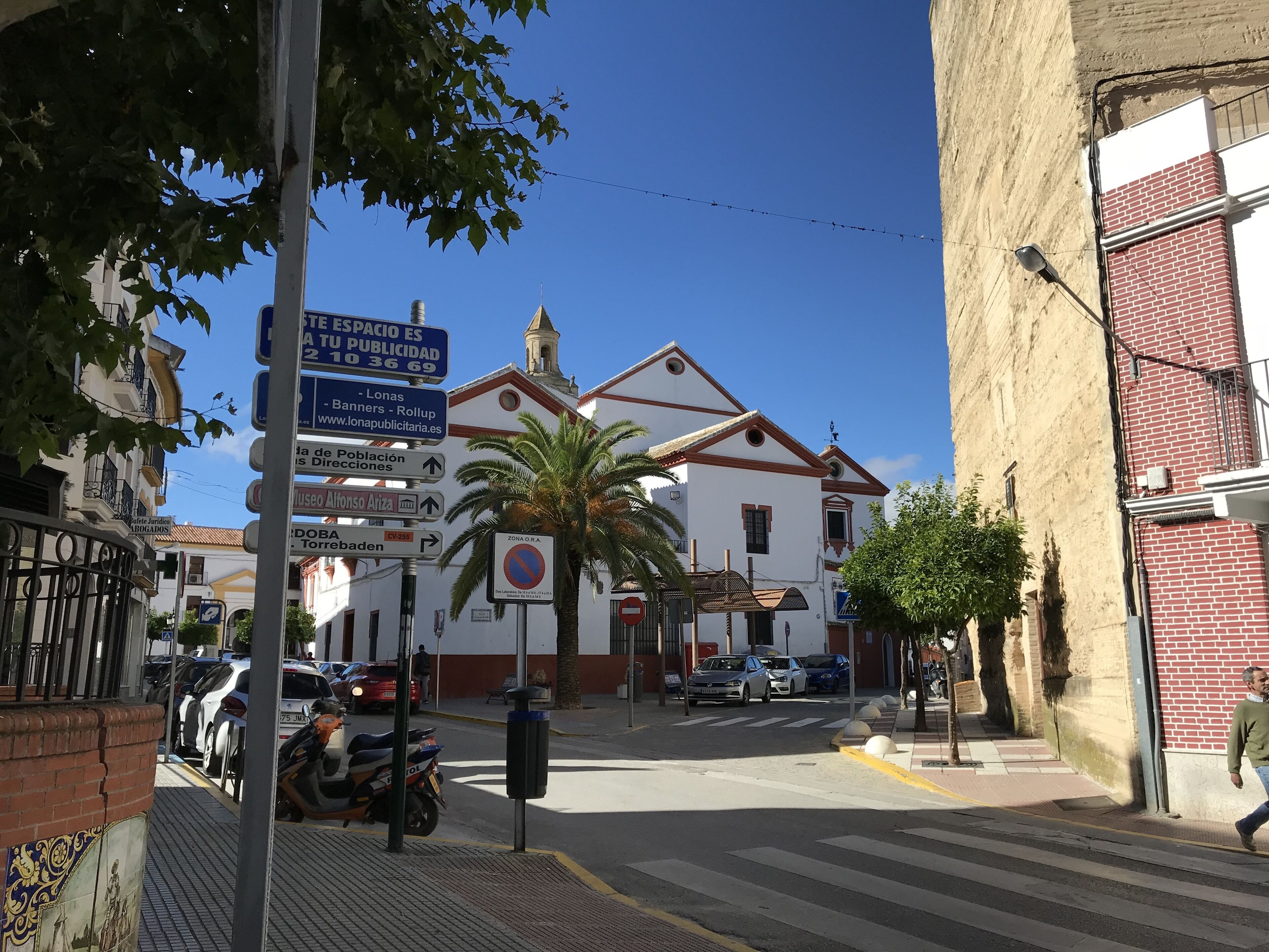 A street view with a white building with a red roof, palm trees, and parked cars.