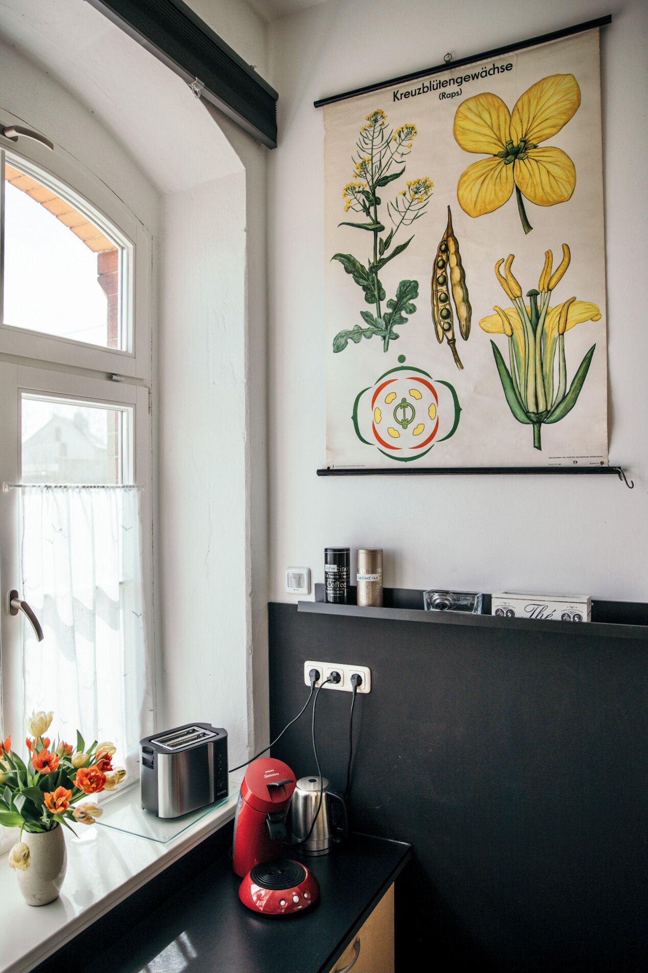 A kitchen with a window, a toaster, a kettle, and a red electric kettle on the counter.