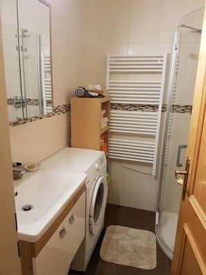 Shower, hair dryer, towels, soap
