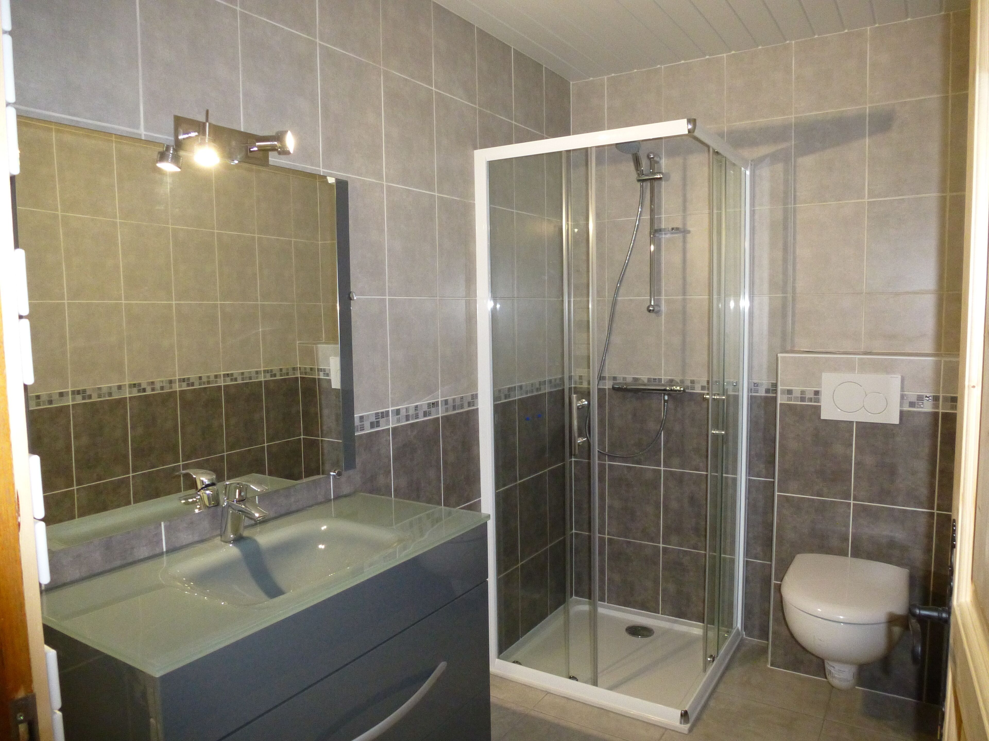 A bathroom with a glass-enclosed shower, a sink with a mirror, and a toilet.