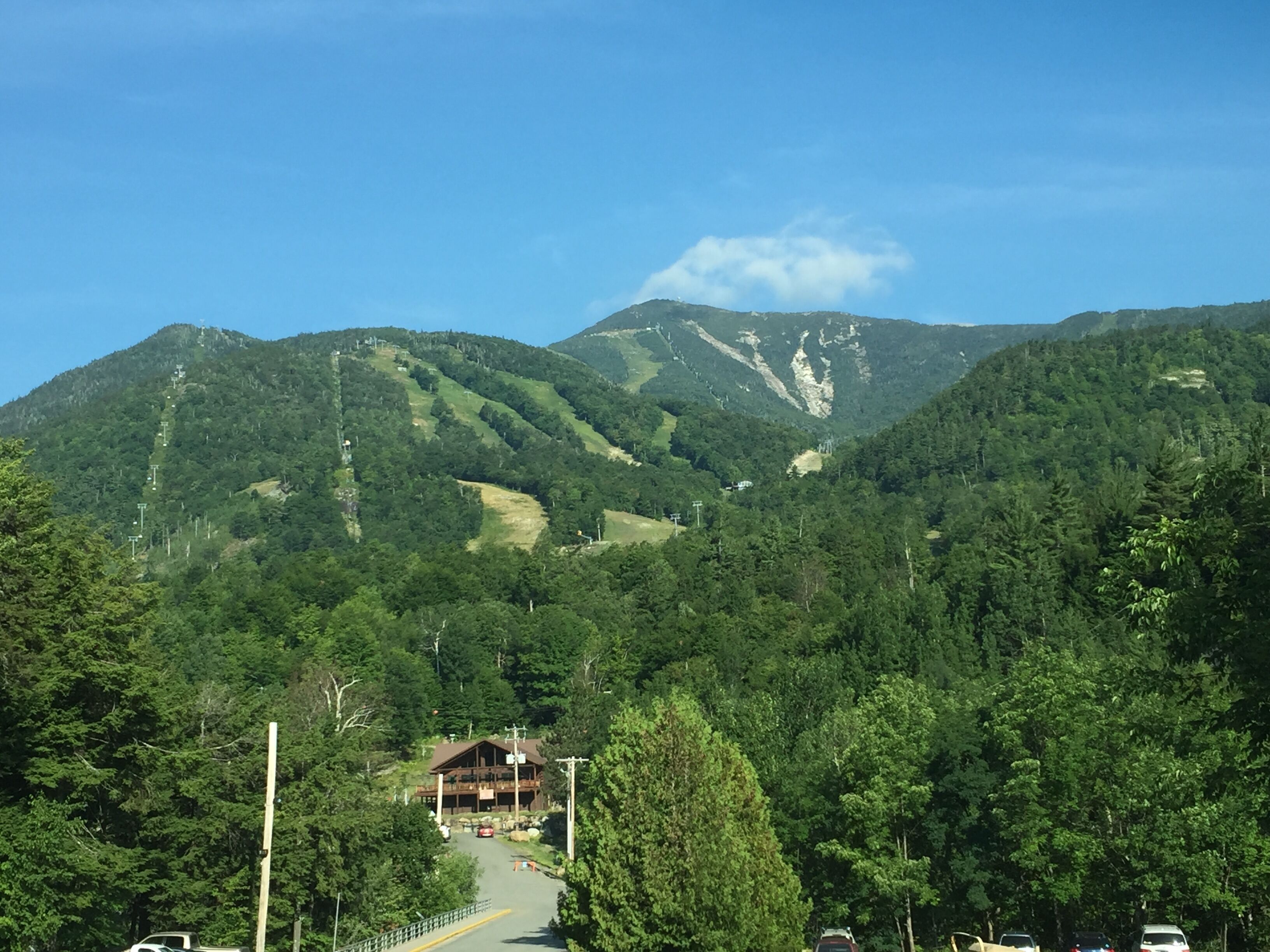 A mountain lodge with a wooden exterior, surrounded by dense forest and a clear sky.