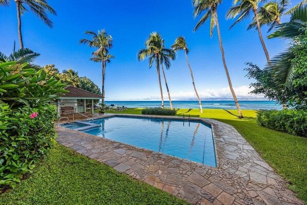 A swimming pool with a stone border, surrounded by palm trees and a view of the ocean.