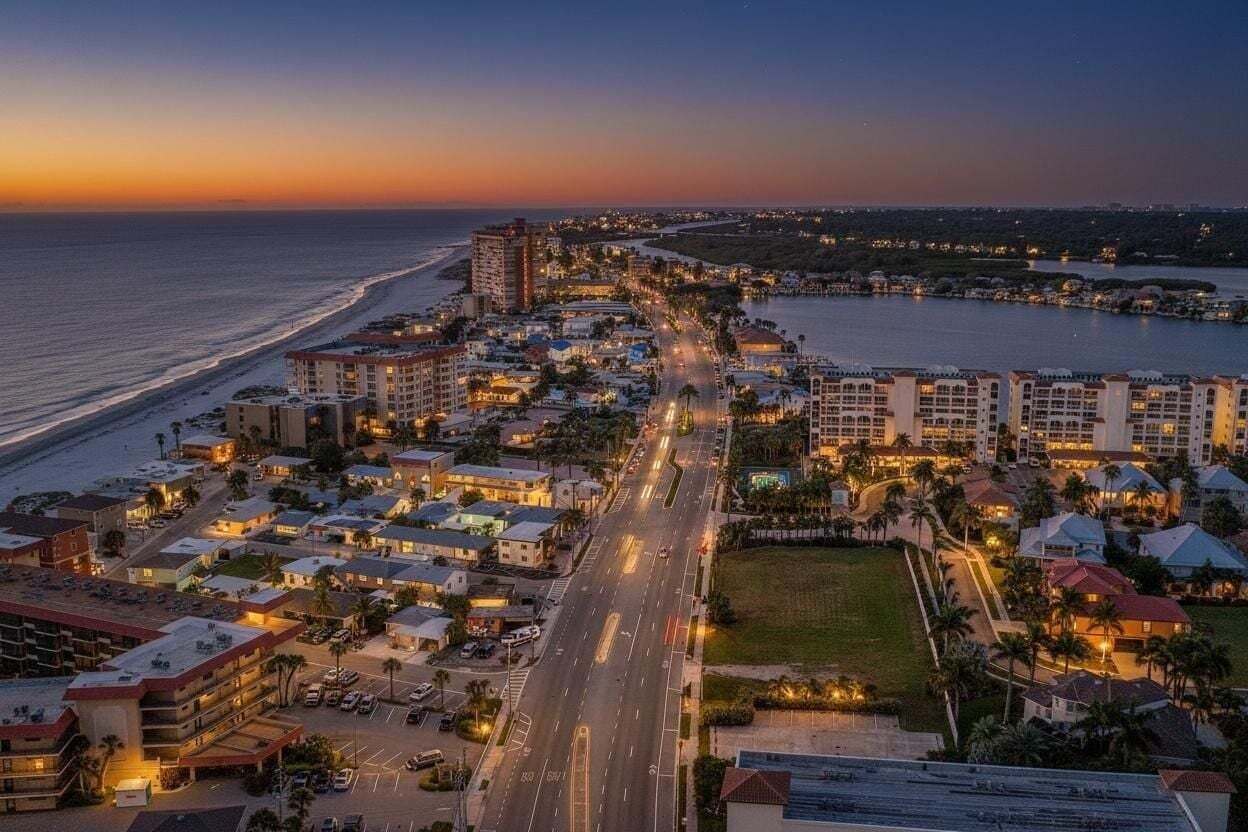 En kystby i skumringen med en bred vej, hoteller ved stranden og en lysthavn.