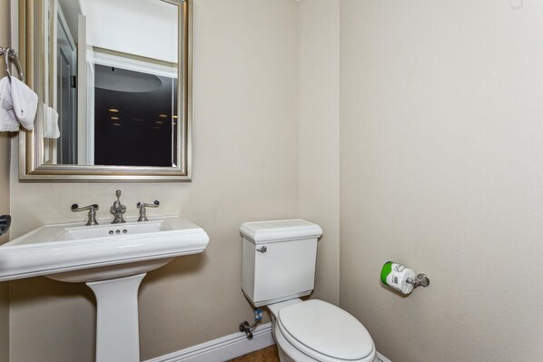 A bathroom with a white sink, a toilet, and a mirror.