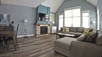 Smart TV, fireplace, books