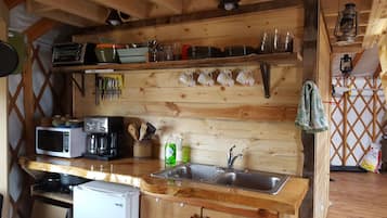 Fridge, microwave, coffee/tea maker, toaster