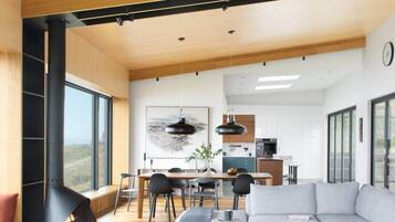 Smart TV, fireplace, foosball, table tennis
