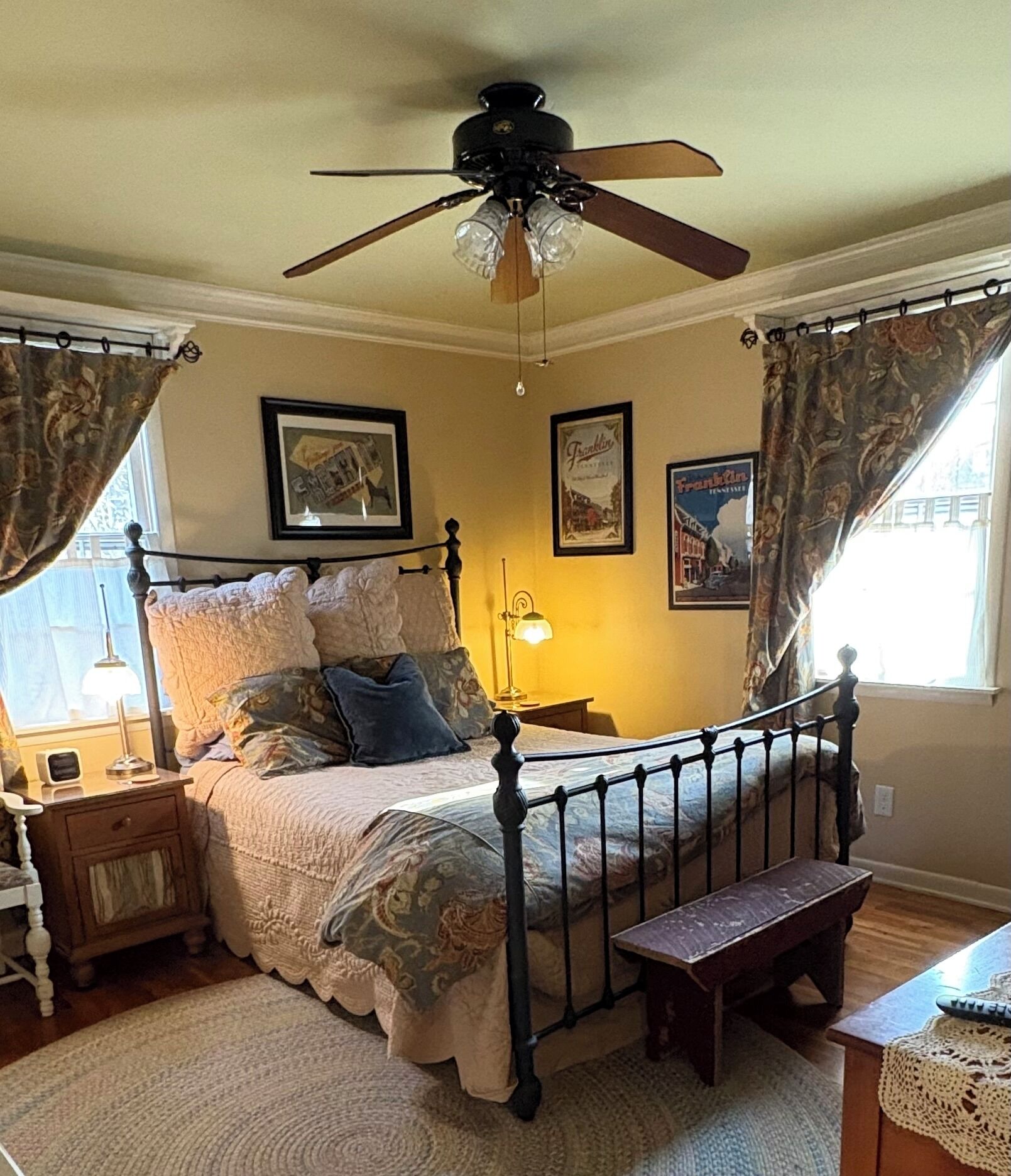 Comfy queen sized bed with new Sealy hybrid mattress and Pottery Barn linens.