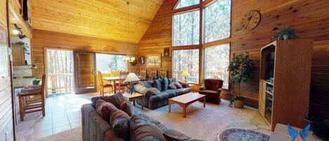 Televisio, takka, DVD-soitin, stereot