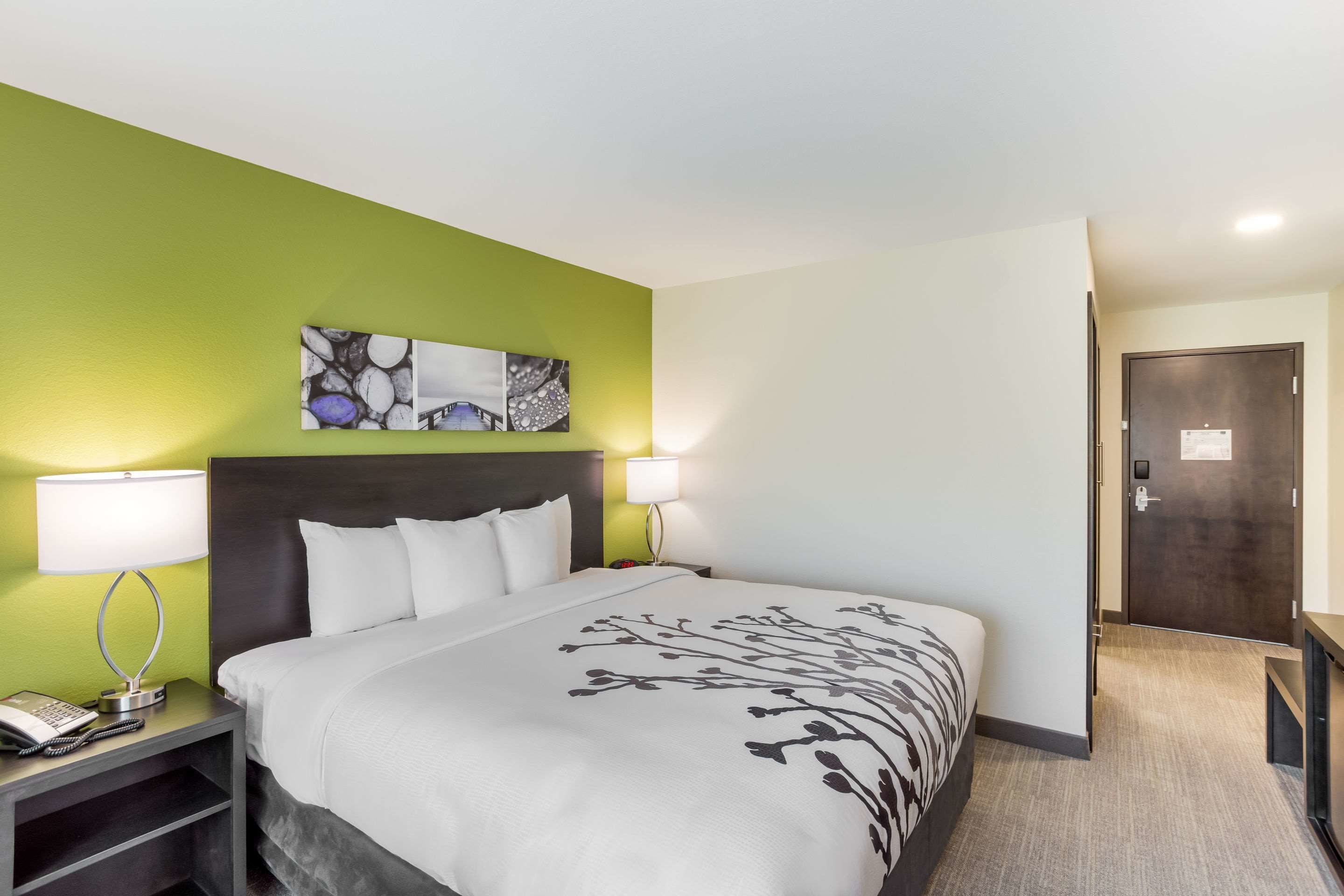 A hotel room with a large bed, two bedside lamps, a nightstand with a phone, a painting on the wall, and a door to the right.