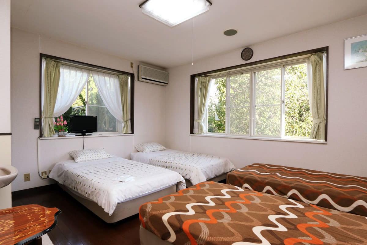 A room with two beds, a television, and a window with curtains.