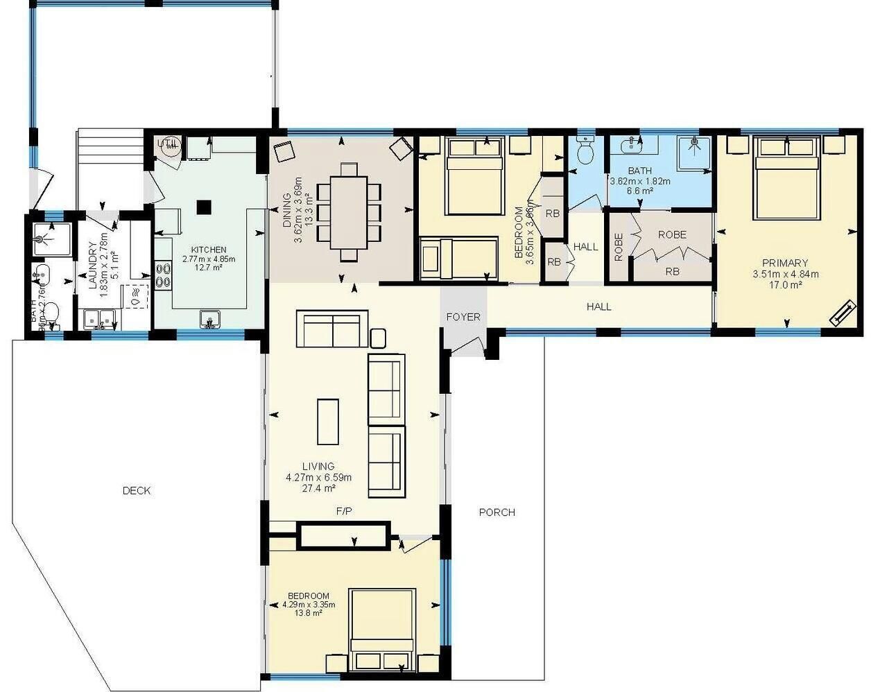 A floor plan with a kitchen, dining area, living room, bedroom, bathroom, foyer, and deck.
