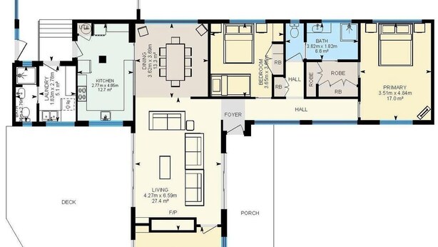 A floor plan with a kitchen, dining area, living room, bedroom, bathroom, foyer, and deck.