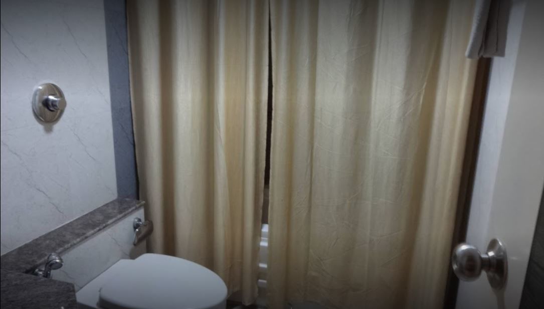 A bathroom with a toilet, sink, and shower curtain.