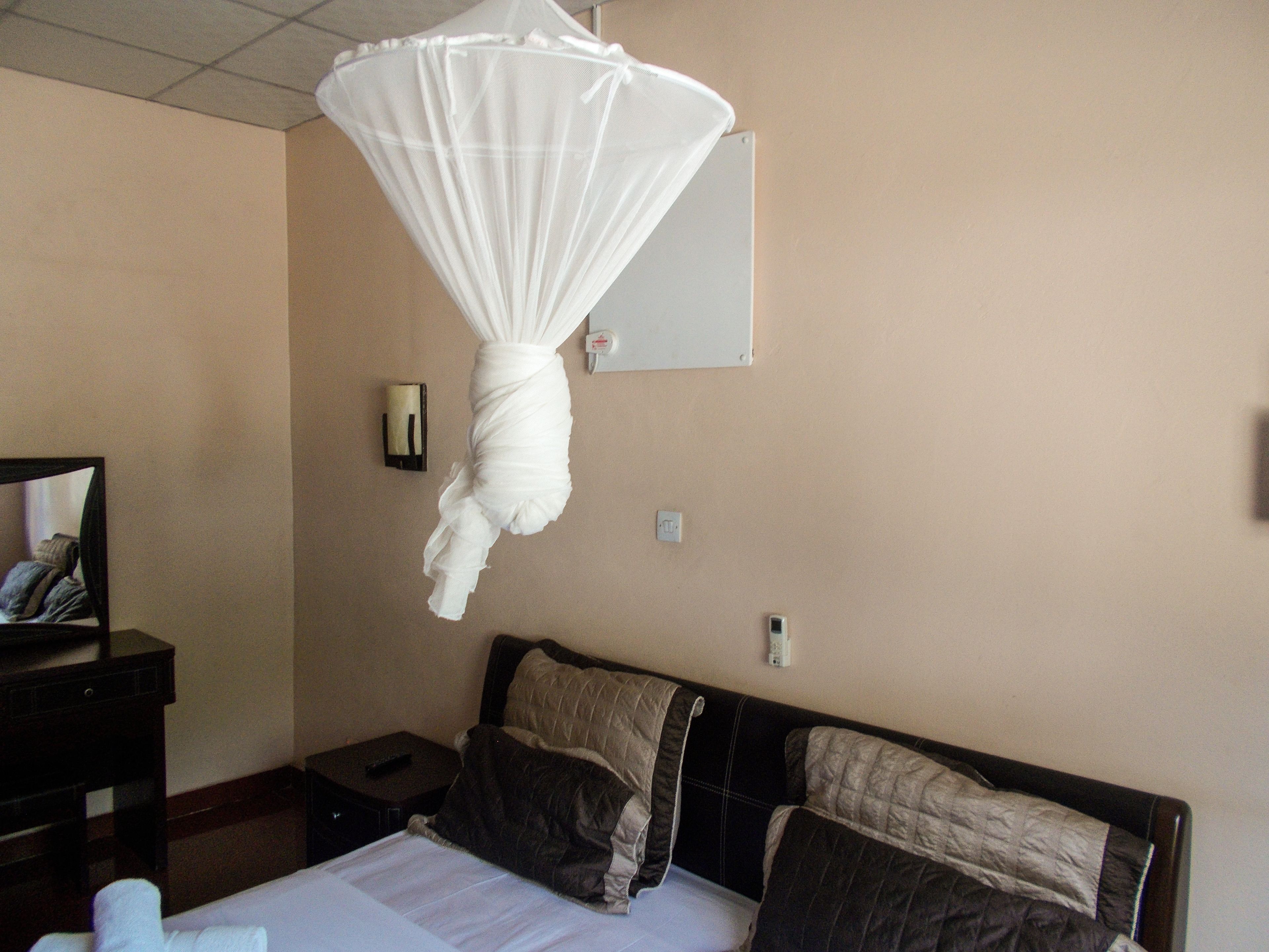 A hotel room with a bed, a nightstand, a TV, and a mosquito net hanging above the bed.