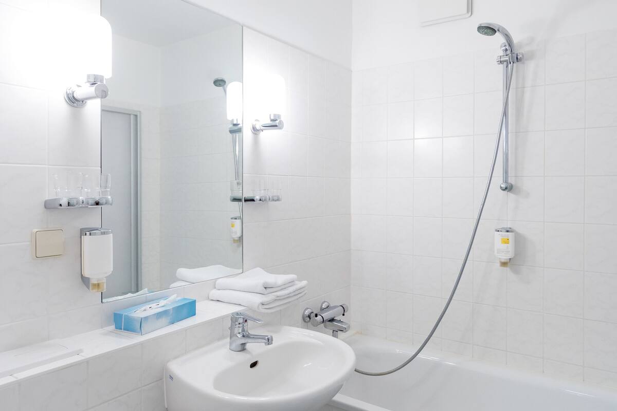 hair dryer, towels, soap, shampoo