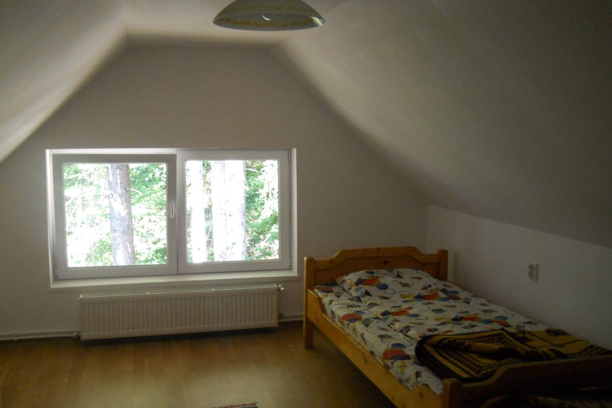 A small, single-bed room with a sloped ceiling, a large window, and a radiator.