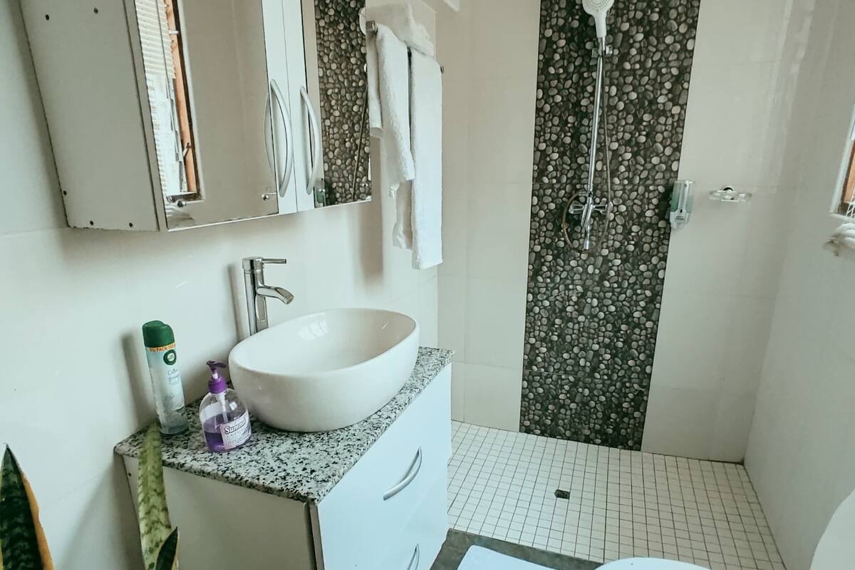 Une salle de bain avec un lavabo blanc, un miroir, une douche avec un mur recouvert de petits galets, des toilettes et un tapis à motifs.