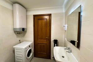 Combined shower/tub, hair dryer, bidet, towels
