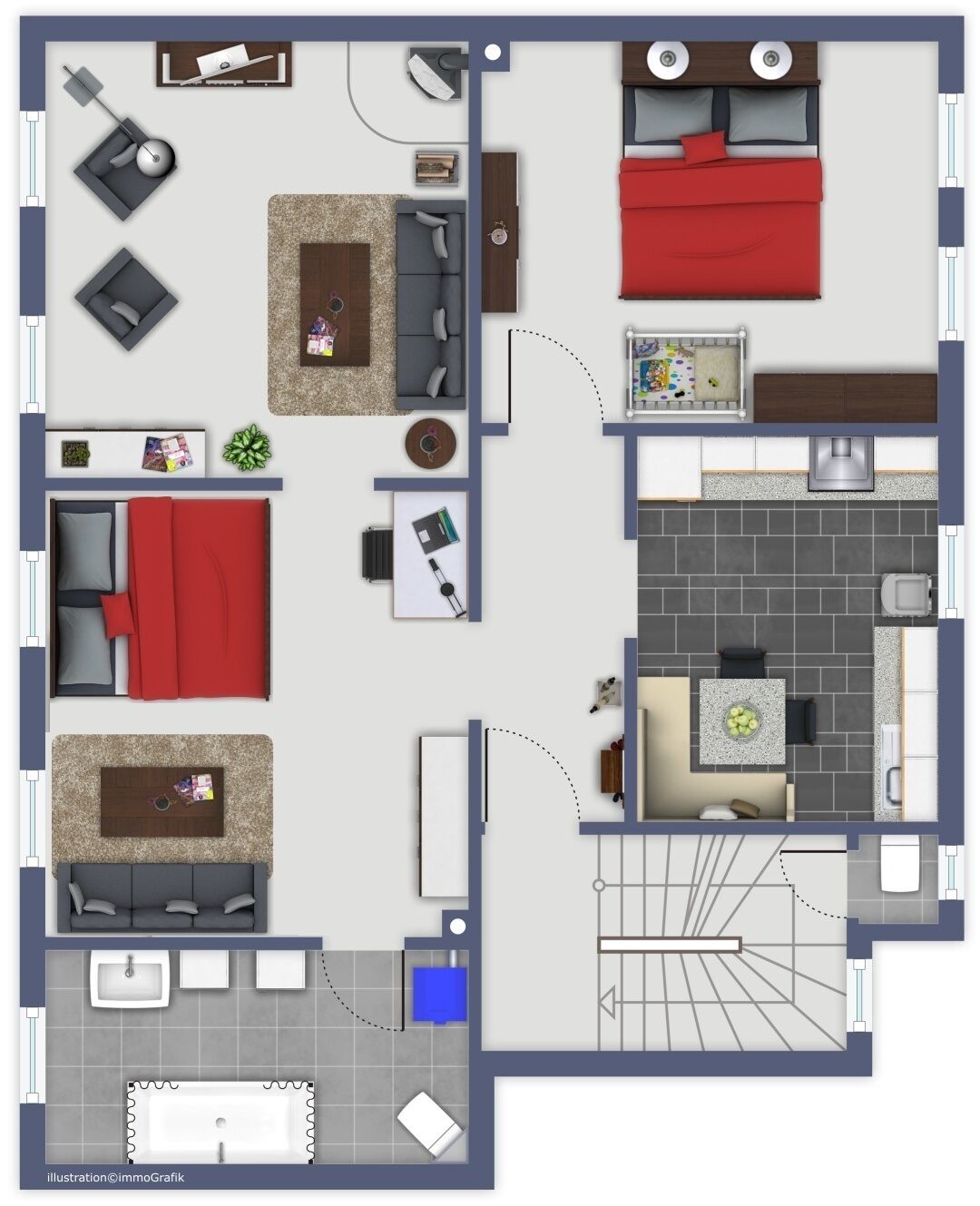 Grundriss einer 2-Zimmer-Wohnung mit Wohnzimmer, Küche, Essbereich und einem kleinen Balkon.