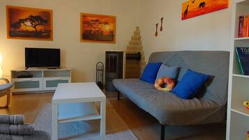 Smart-TV, peis, DVD-spiller og bøker