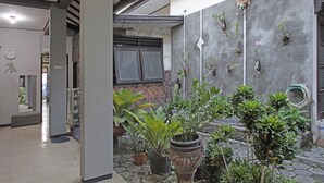 Un couloir doté d’un sol en pierre, de plantes en pot et d’un système d’irrigation fixé au mur.