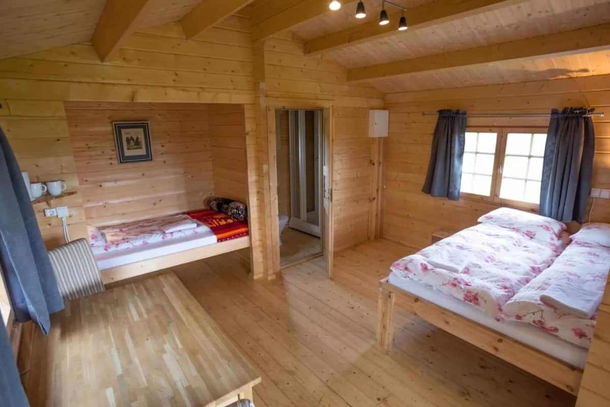 Une chambre rustique en bois avec deux lits, une petite table, un radiateur et un tableau encadré au mur.