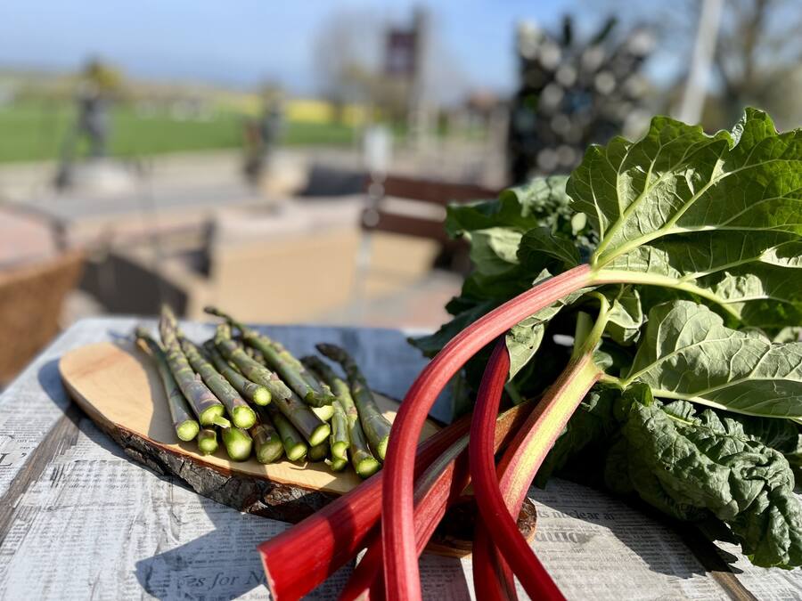 A wooden table with vegetables, including asparagus and leafy greens, on a newspaper.