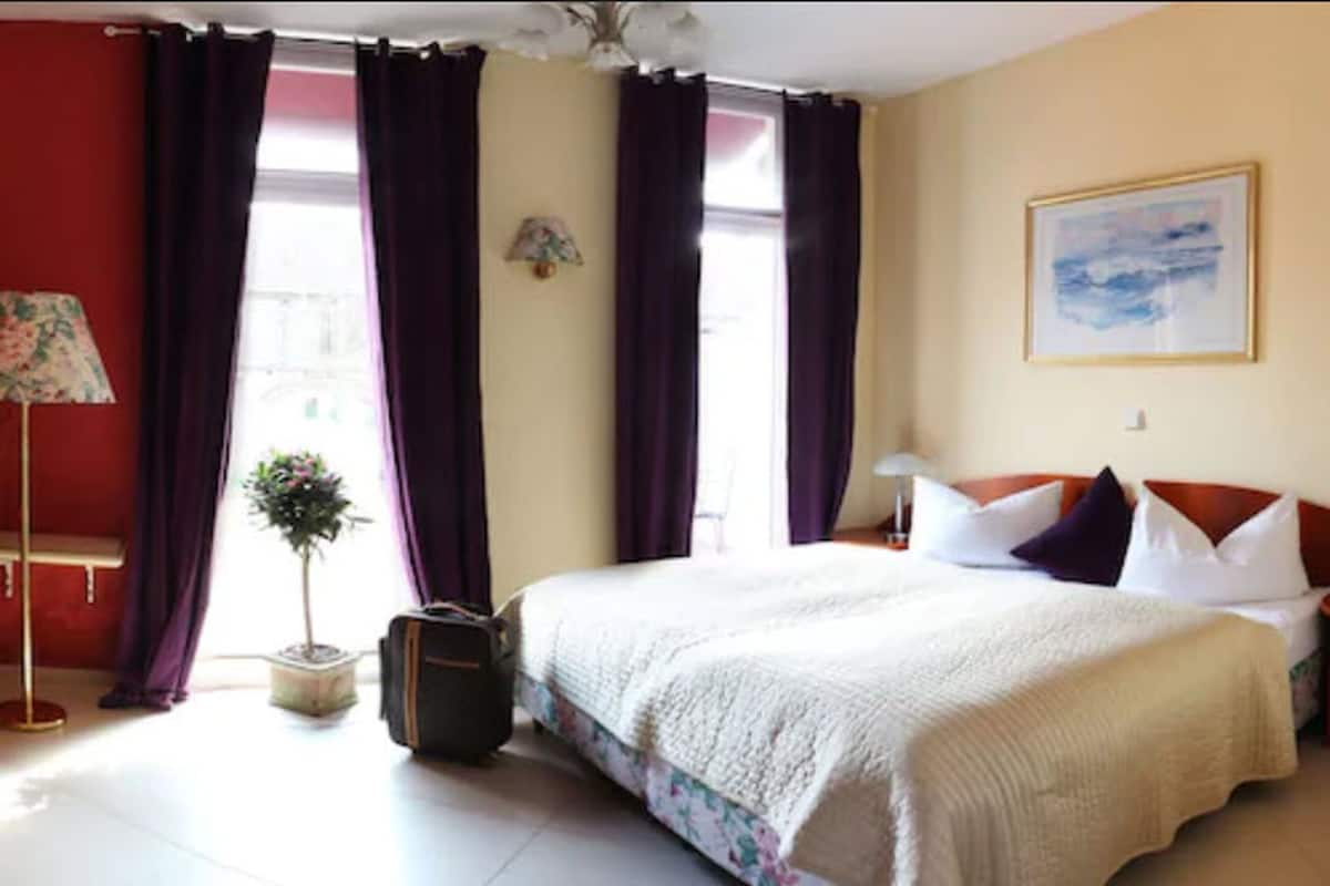 A hotel room with a bed, a nightstand, a lamp, a suitcase, and a small potted plant.