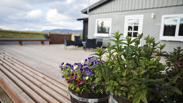 A wooden deck with outdoor seating, a building with windows, and a view of the landscape.