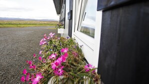 A building with a gravel driveway and a flower box with pink flowers.