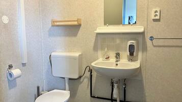 A bathroom with a toilet, sink, and mirror.