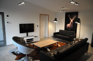 Casa Confort, 4 habitaciones | Zona de estar | Una televisión de pantalla plana, una chimenea, un reproductor de DVD