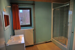 Un baño con ventana, ducha y radiador.