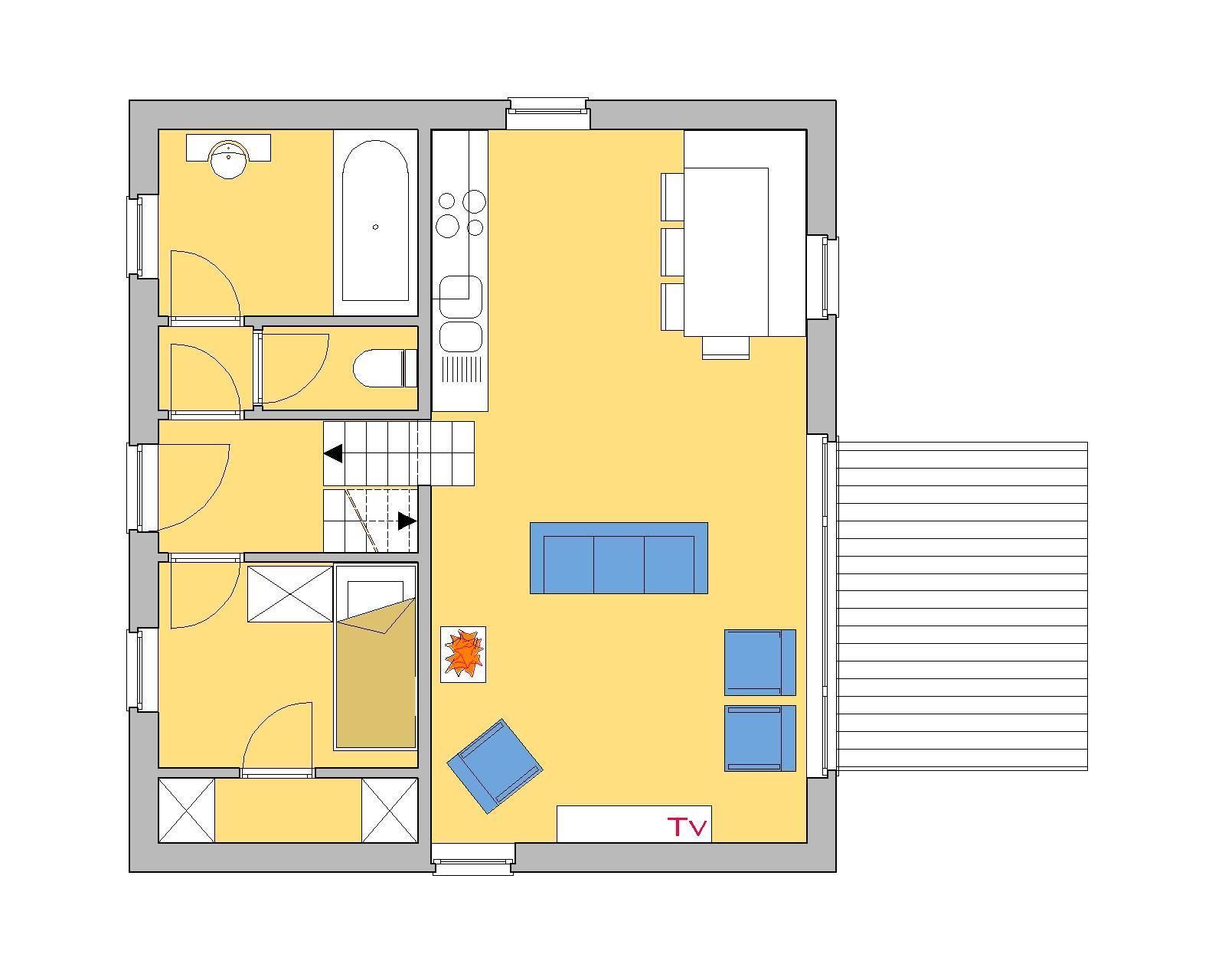 A floor plan of a hotel room with a TV, a sofa, a small table, a bed, a bathroom, and a kitchen area.