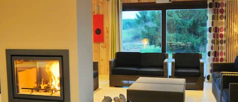 Nhà gỗ tiện nghi đơn giản, nhiều phòng ngủ | Khu phòng khách | TV màn hình phẳng, lò sưởi, đầu đĩa DVD