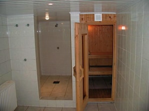 Une pièce avec une porte en bois donnant sur un sauna, un espace douche aux murs carrelés et un radiateur.