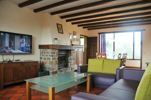 Comfort huis, 5 slaapkamers | Woonruimte | Een flatscreentelevisie en een open haard