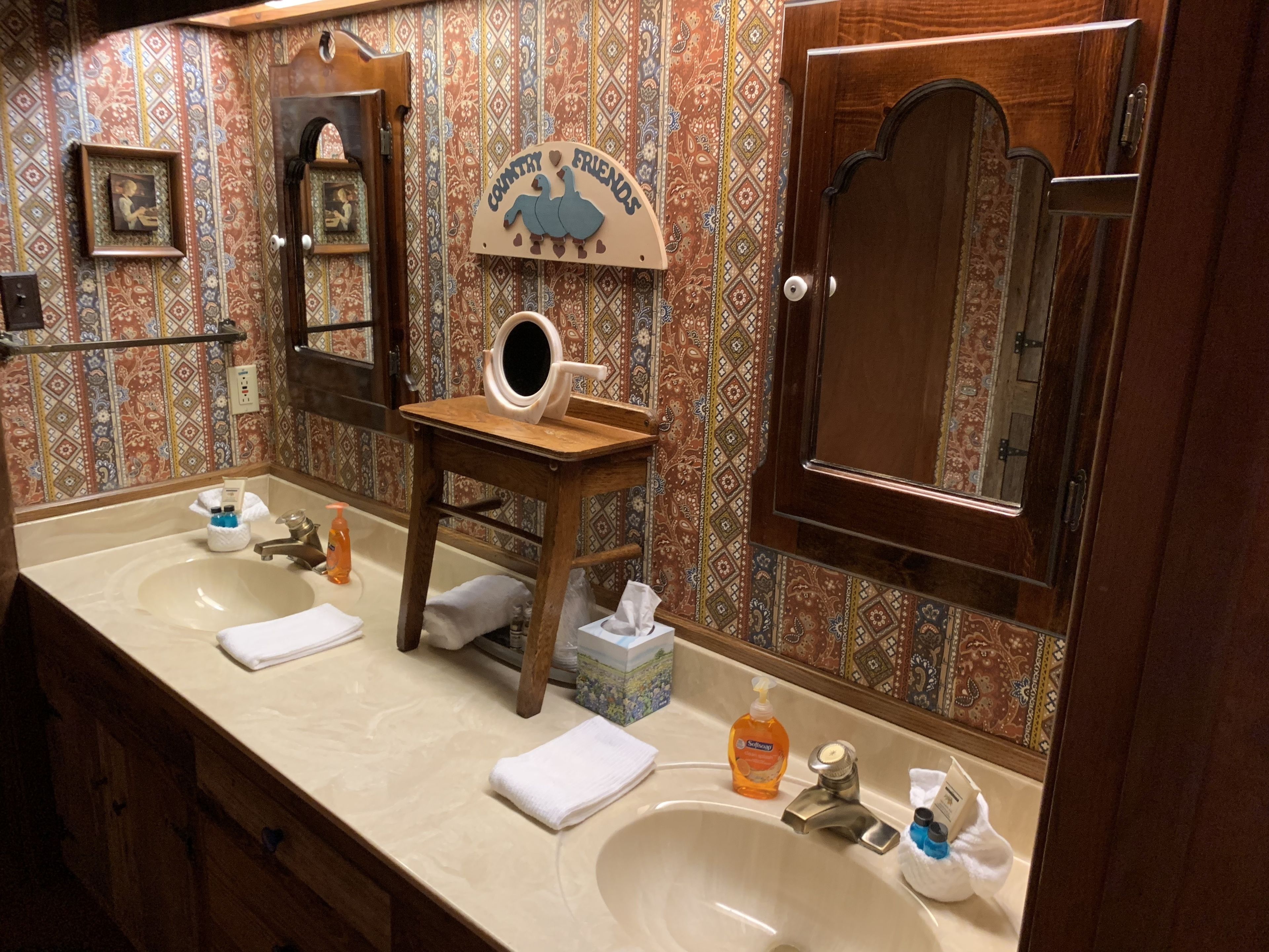 Une salle de bain avec deux lavabos, un meuble-lavabo en bois, un miroir et un panneau décoratif.